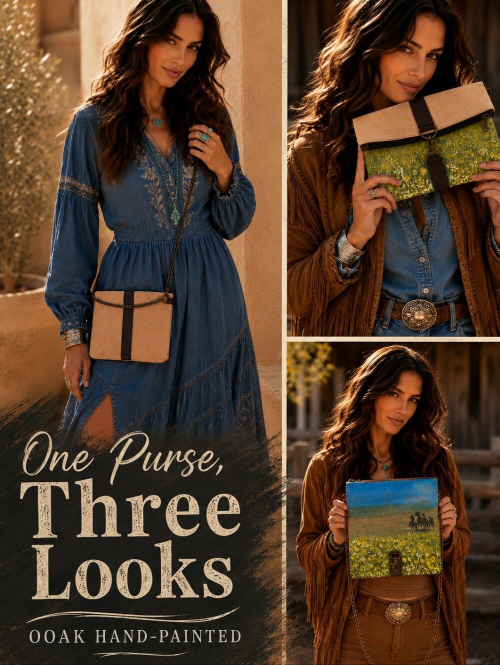 Custom Floral Canvas Crossbody Bag Southwestern Horses Leather Strap Chain Purse
